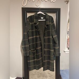 JJill Plaid Long Coat in Green and Black